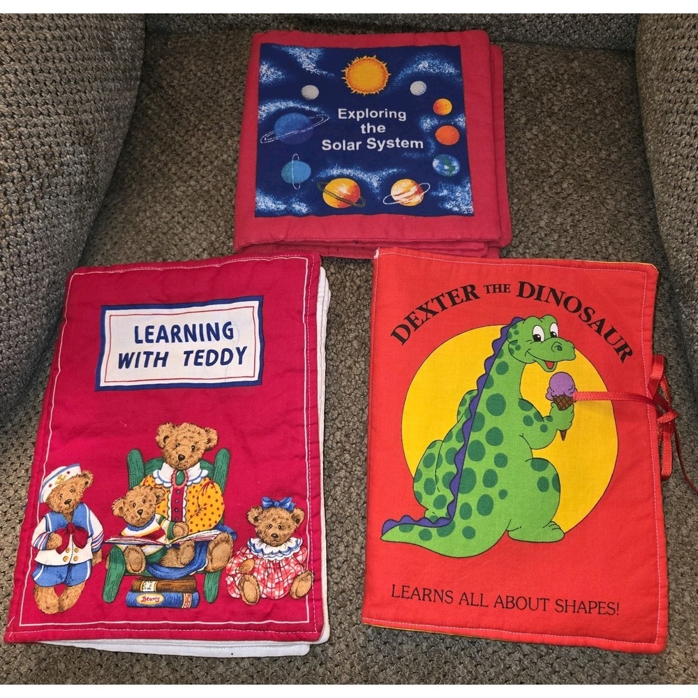 3 VTG fabric childrens books Learning w/Teddy DEXTER the DINOSAUR  Solar System